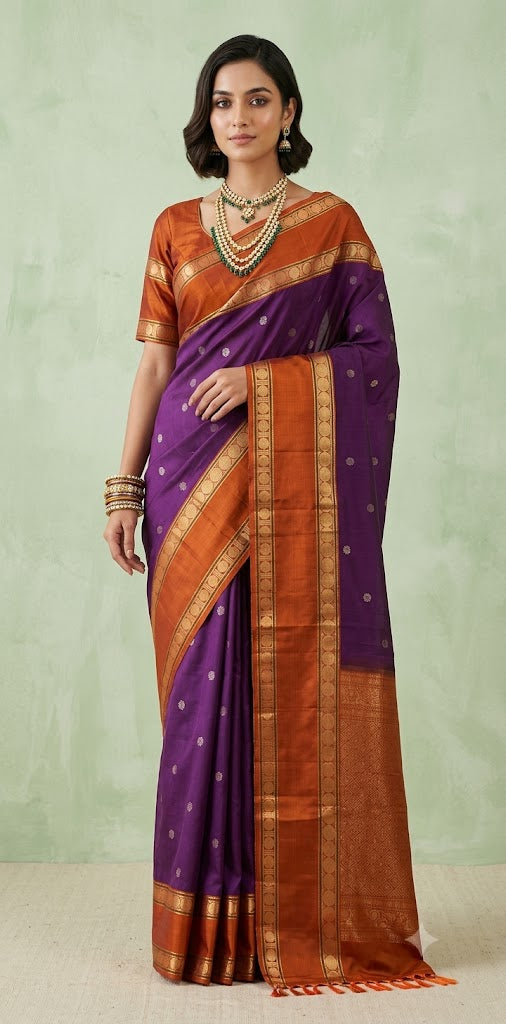 Purple and orange pure Kanchivaram soft silk saree with stitched blouse