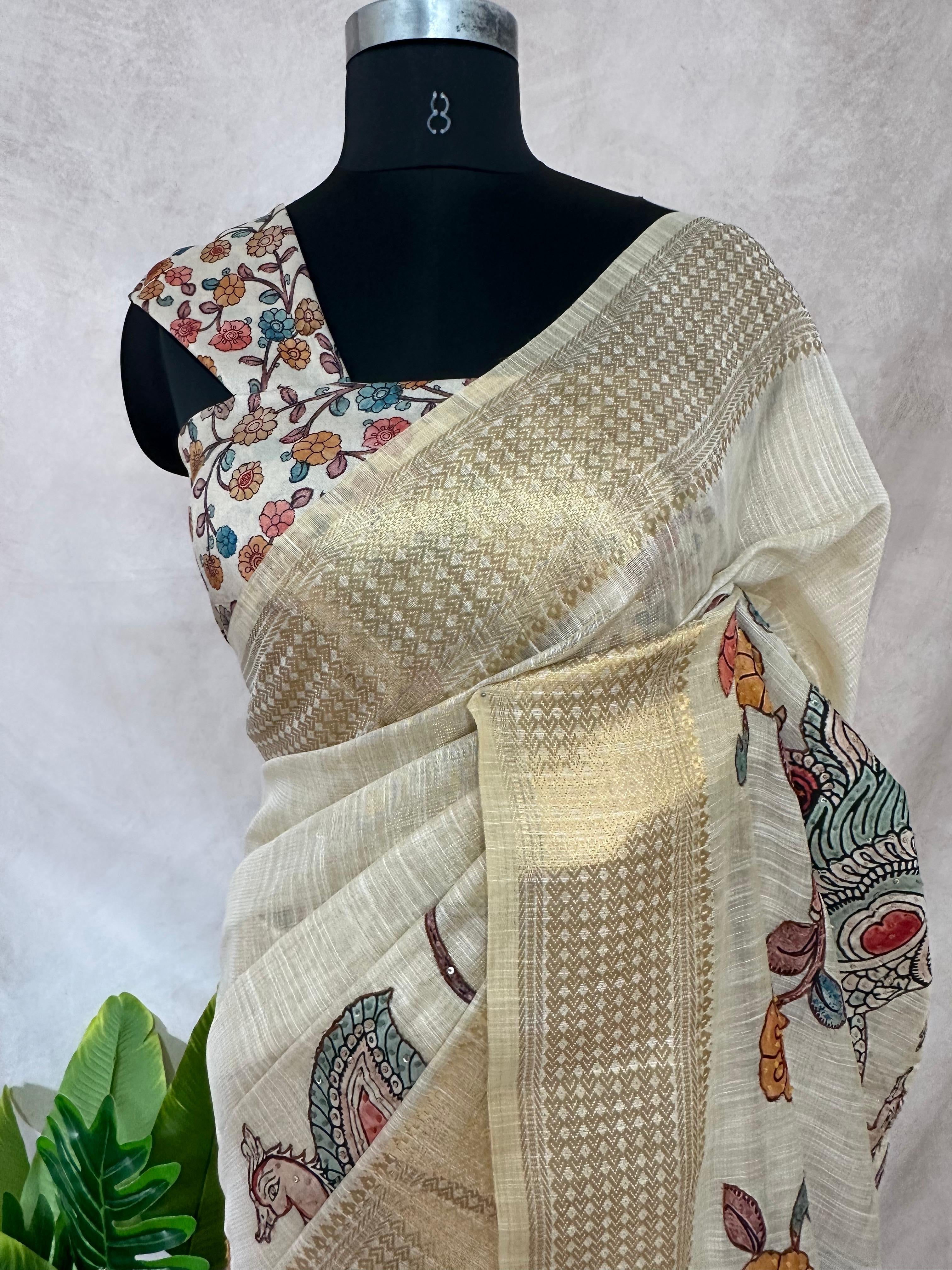 Soft linen tissue saree with kalamkari patch work and banarsi border, with BP