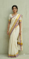 Purple and gold border set saree