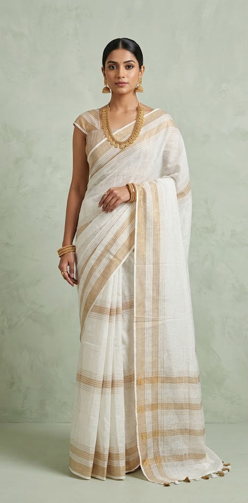 Linen saree with gold border