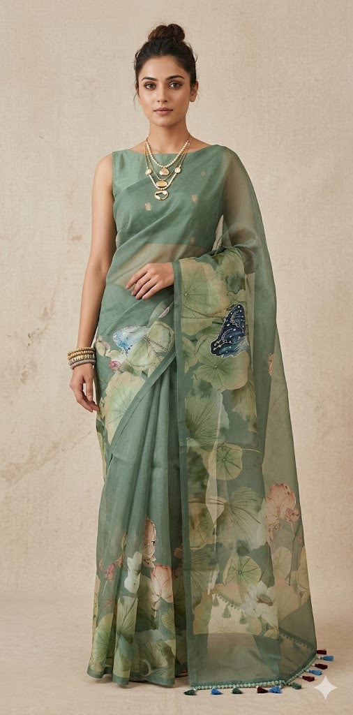 Silk organza saree with digital print and highlighted with ari work, with BP