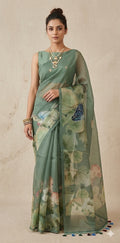 Silk organza saree with digital print and highlighted with ari work, with BP