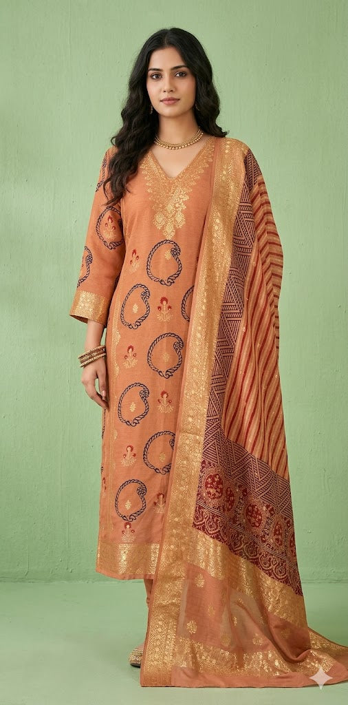Dola silk kurti with ajrakh hand block print dupatta