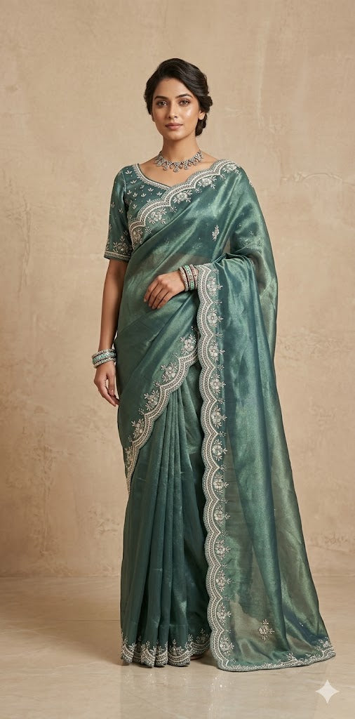 Dark Sea Green tissue designer saree with stitched blouse and under skirt
