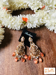 Earring With Kundan And Orange Beads Earrings Gold Tone