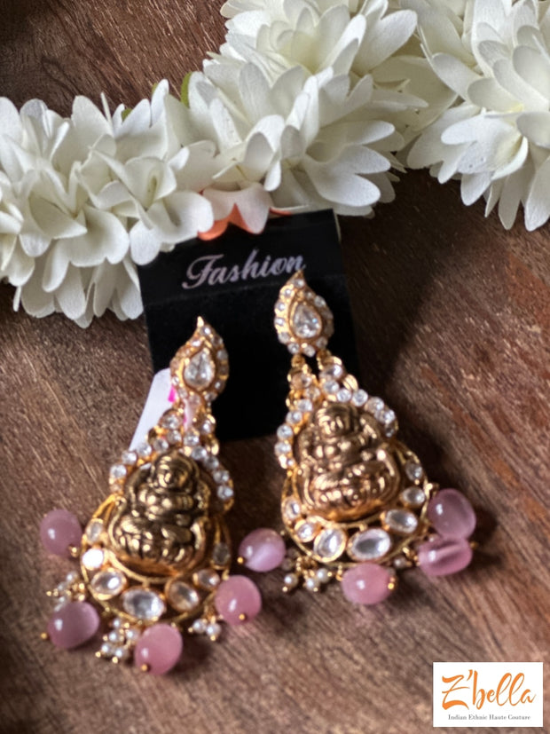 Earring With Kundan And Pink Beads Earrings Gold Tone