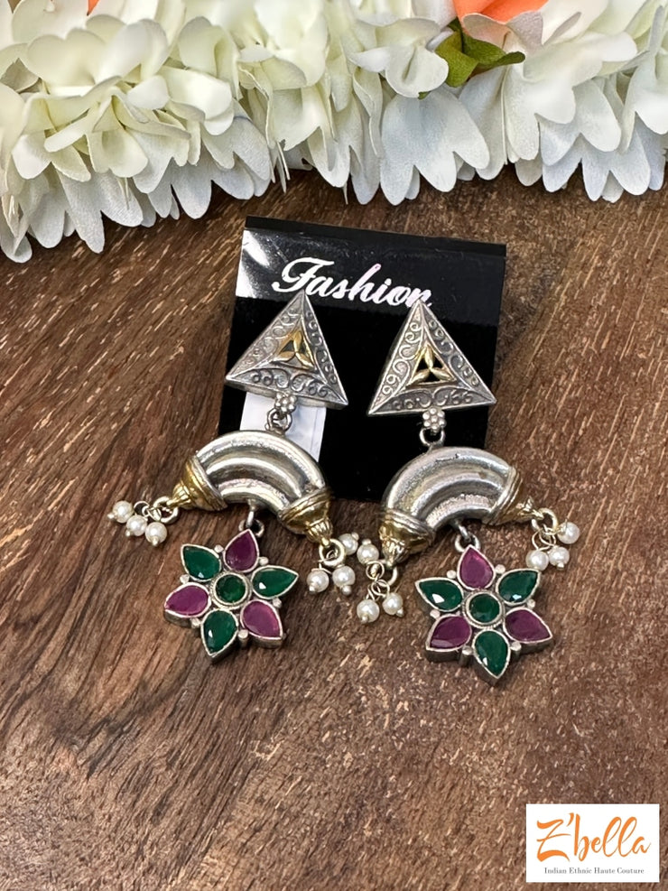 Earring With Light Green And Red Stone Earrings Silver Tone