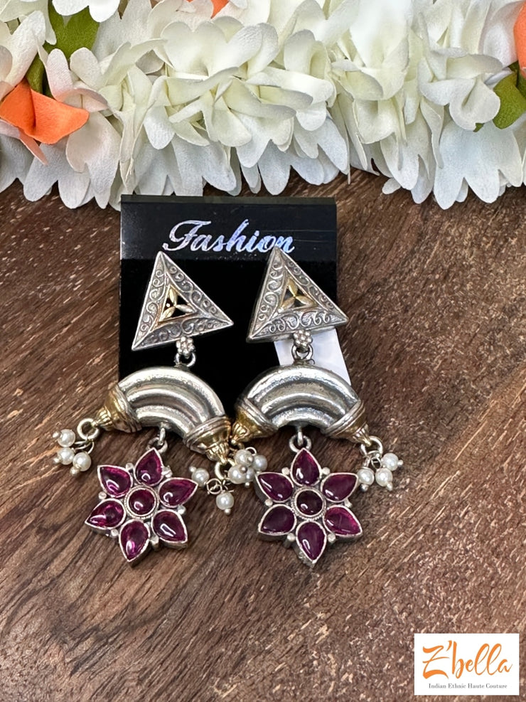 Earring With Light Red Stone Earrings Silver Tone