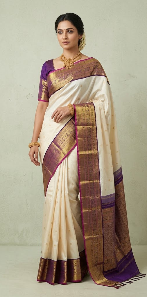 Handloom Kanchivaram handloom pure silk saree, off white with purple karvai border