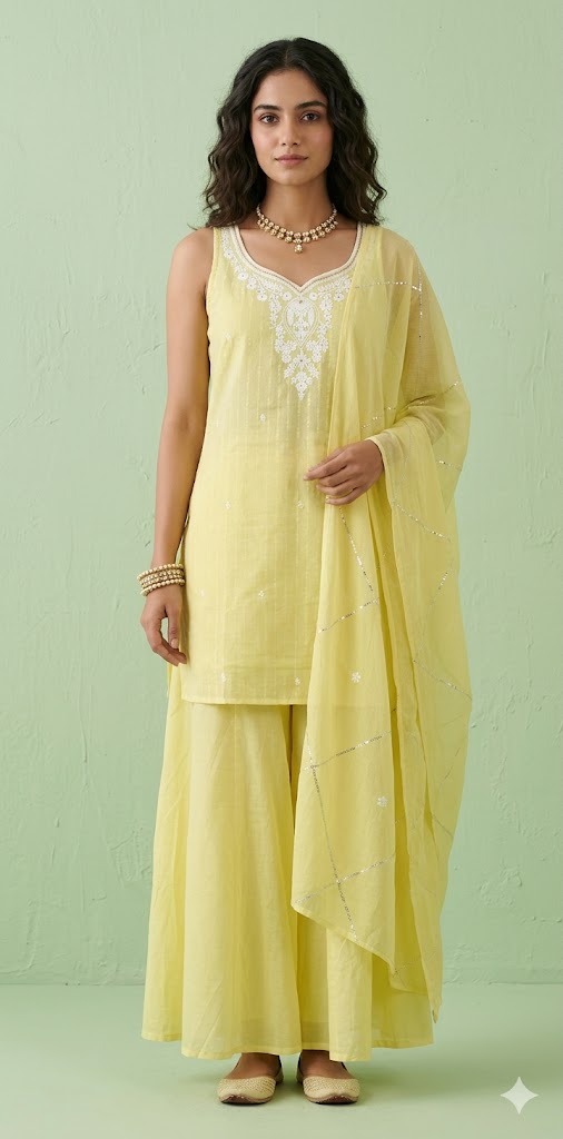 Yellow cotton kurti with bottom and dupatta