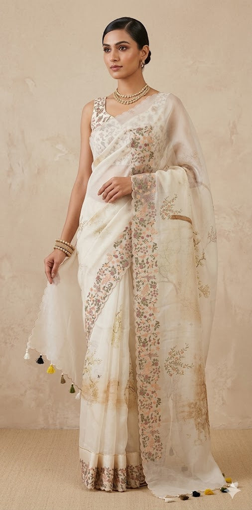 Silk organza saree with digital print and embroidery border, with BP