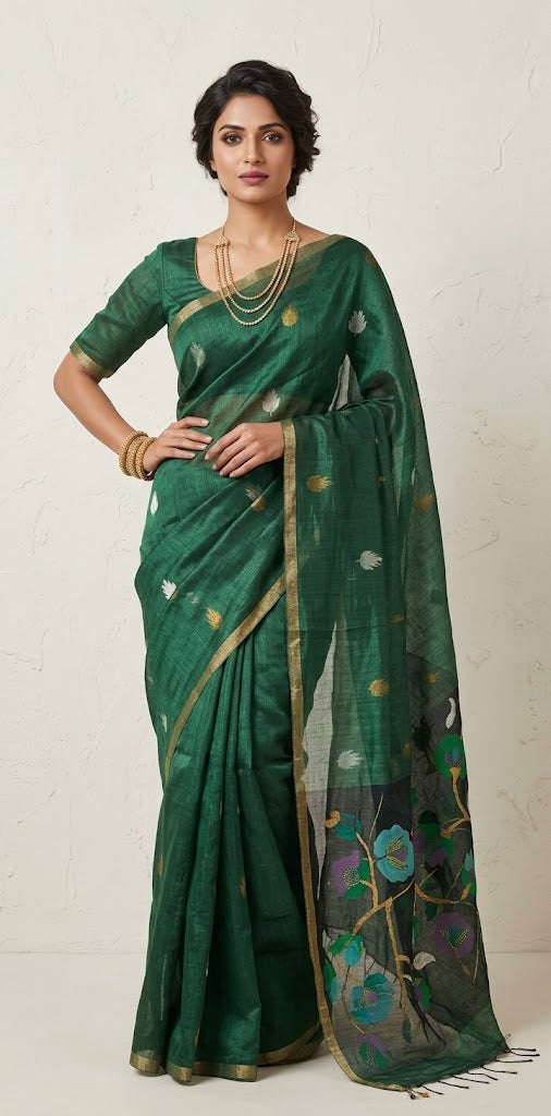 Pure silk linen saree with jamdani weave and stitched blouse