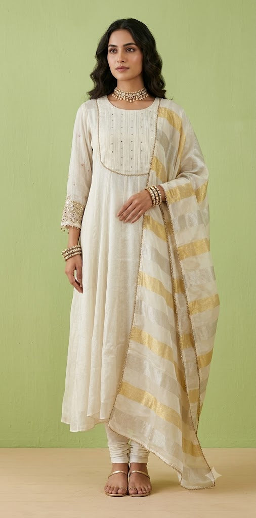 Off white crepe tissue silk anarkali with bottom and dupatta