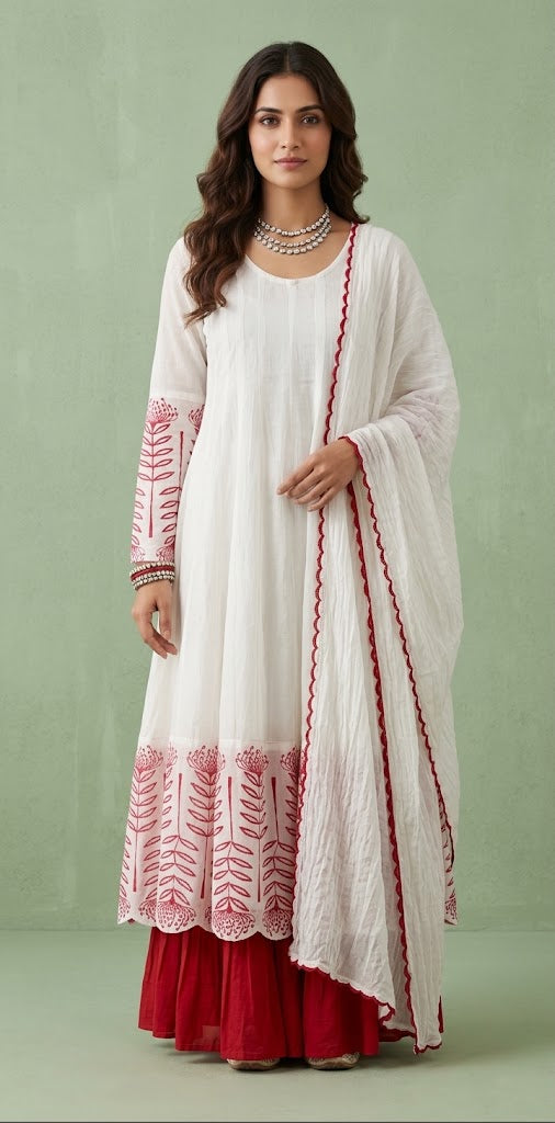 White and red pure cotton flared designer anarkali set