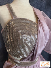 Embroidered Blouse With Mauve Chiffon Organza Skirt And Ruffled Dupatta Attached Lehanga