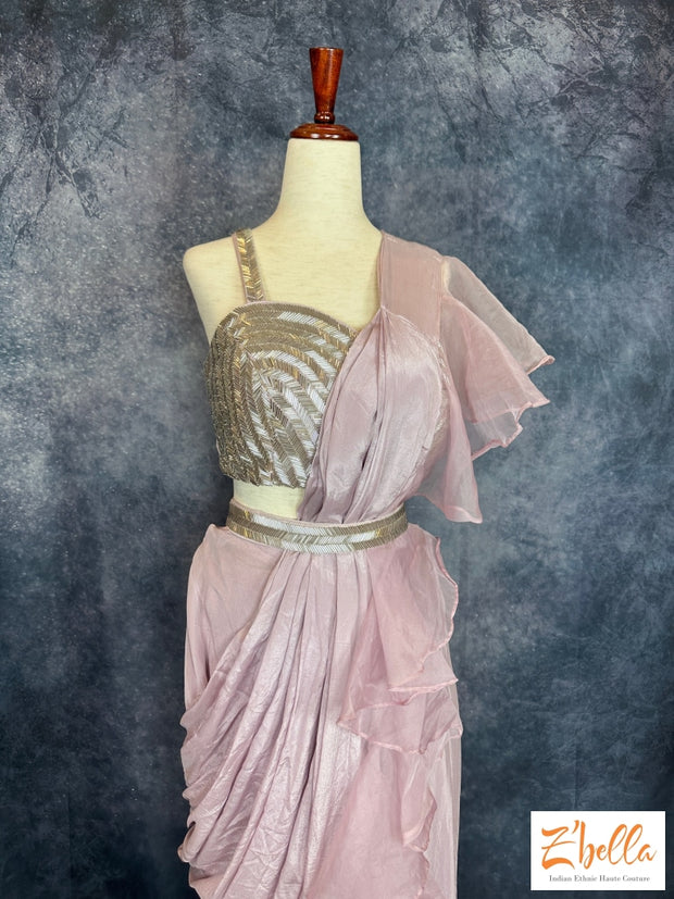 Embroidered Blouse With Mauve Chiffon Organza Skirt And Ruffled Dupatta Attached Lehanga