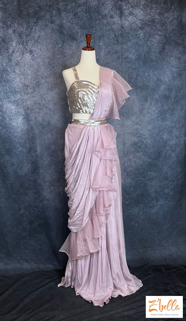 NUDE DRAPPED GOWN WITH ATTACHED DUPATTA