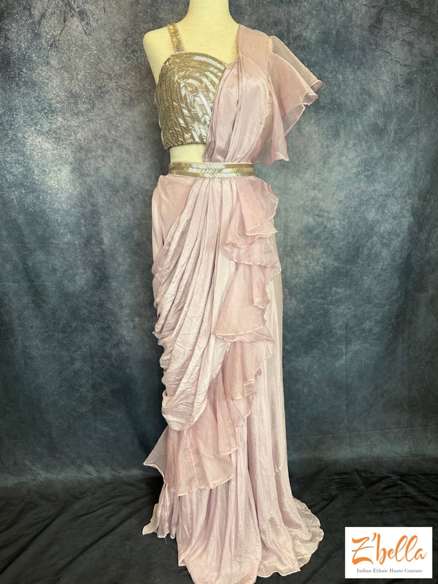 Embroidered Blouse With Mauve Chiffon Organza Skirt And Ruffled Dupatta Attached Lehanga