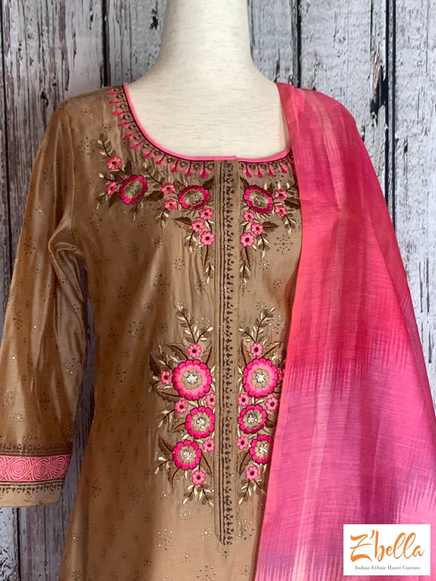Embroidered Chikoo Color Top With Pink Bottom And Ikkat Print Dupatta Salwar Suit