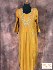 Embroidered Mustard Yellow Kurti With Straight Pant And Floral Stole Kurti