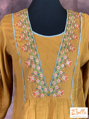 Embroidered Mustard Yellow Kurti With Straight Pant And Floral Stole Kurti