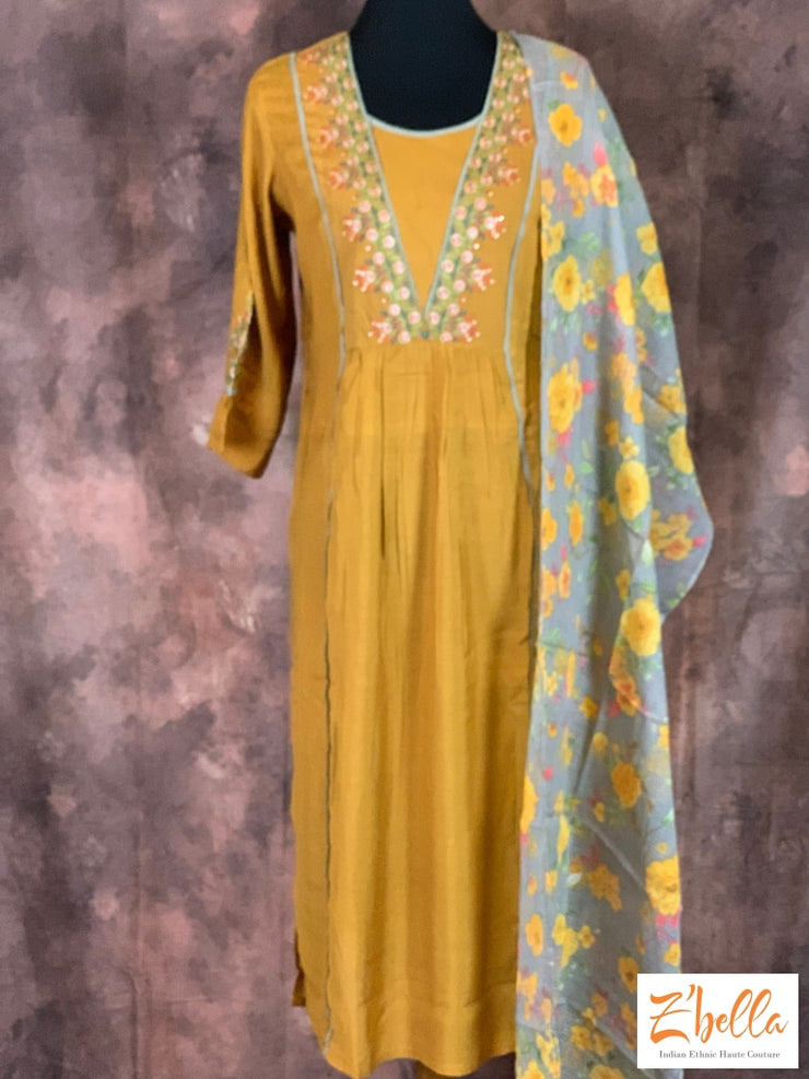 Embroidered Mustard Yellow Kurti With Straight Pant And Floral Stole Kurti