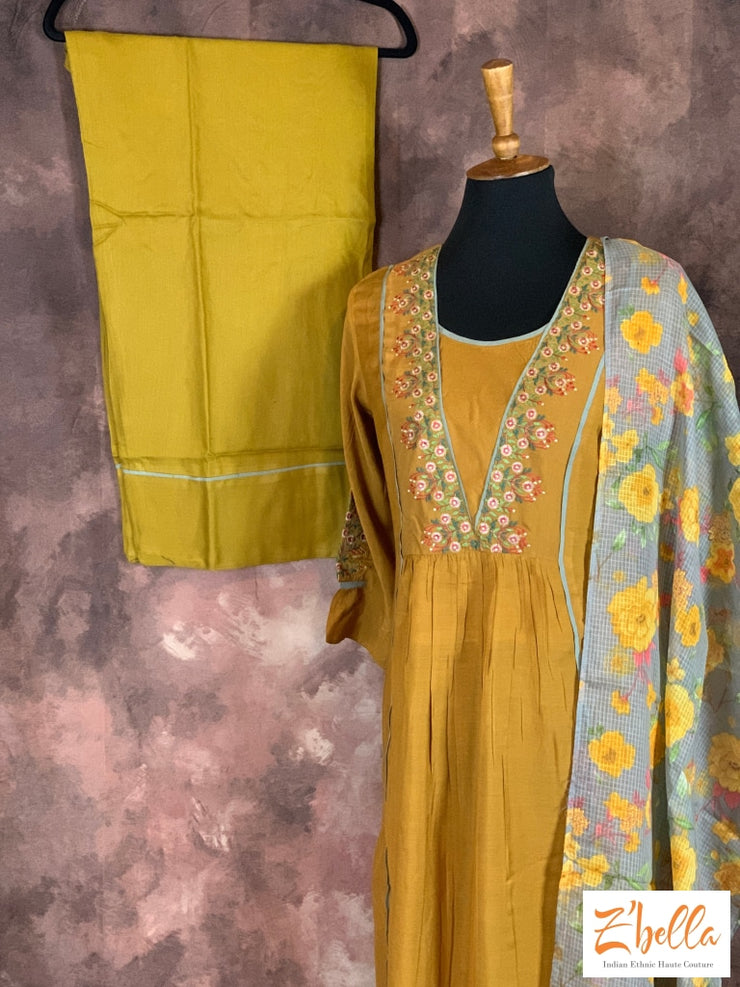 Embroidered Mustard Yellow Kurti With Straight Pant And Floral Stole Kurti