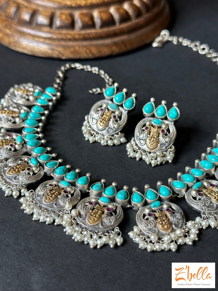 Emrald Green Stone Dual Tone Necklace With Earring Necklace