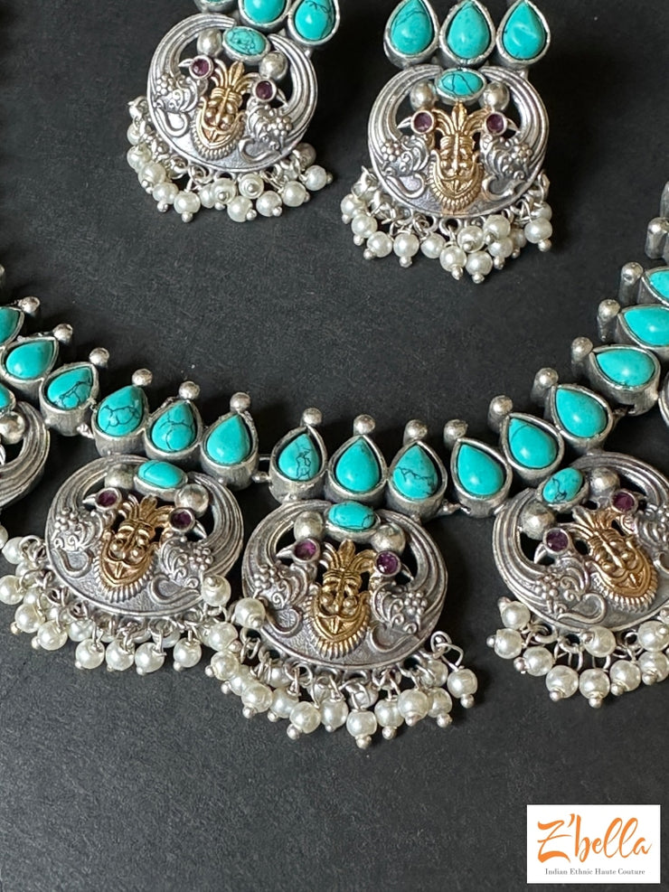 Emrald Green Stone Dual Tone Necklace With Earring Necklace