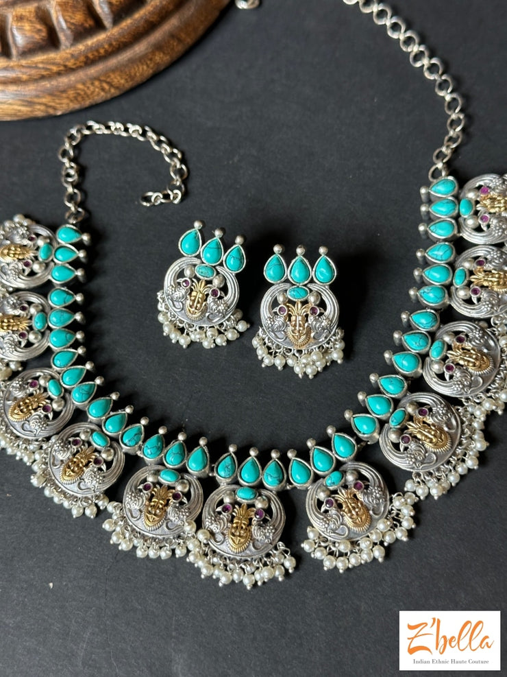 Emrald Green Stone Dual Tone Necklace With Earring Necklace
