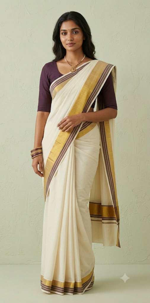 Brown and gold border set saree