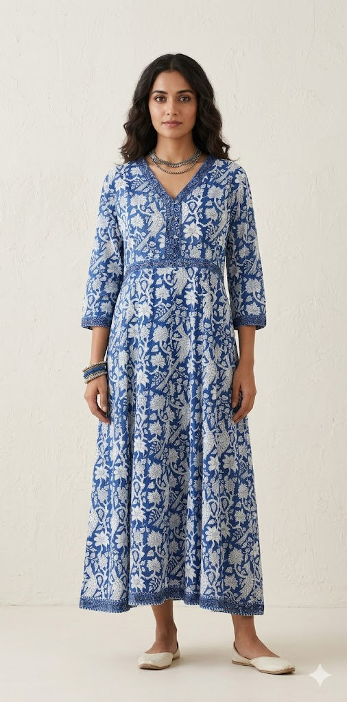 Pure cotton dress with handblock print