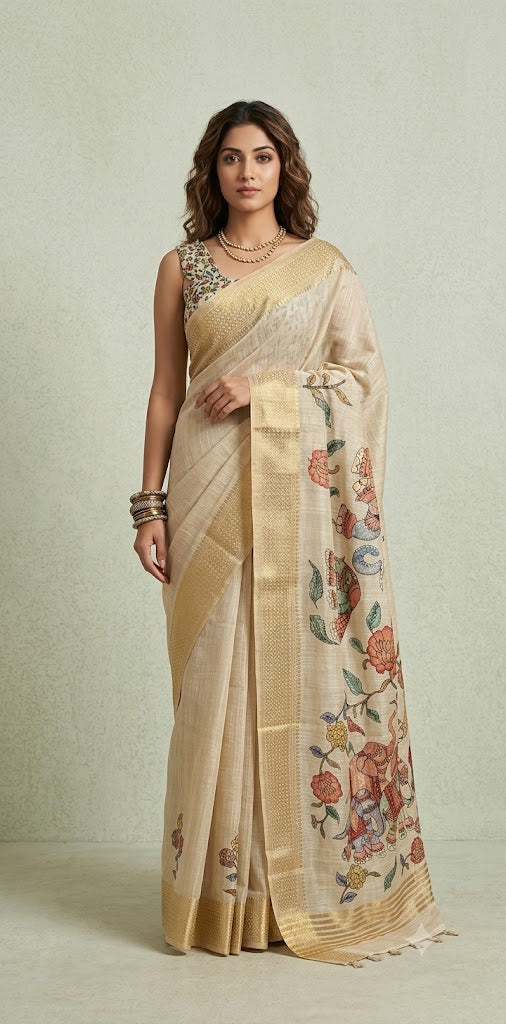Tissue linen saree with kalamkari patch work , with BP