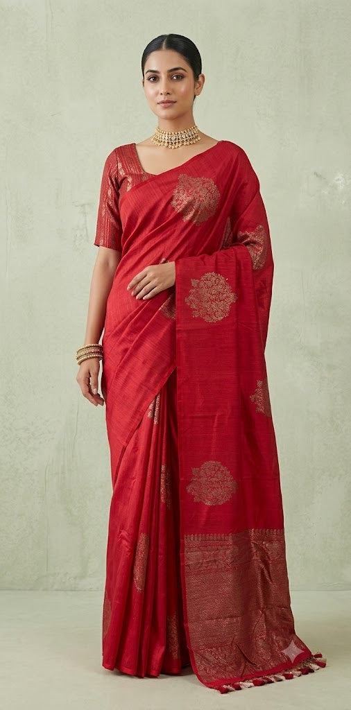Red raw silk saree with banarsi border and stitched blouse