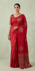 Red raw silk saree with banarsi border and stitched blouse
