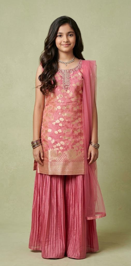 Lotus pink banarsi brocade short top with flared palazo