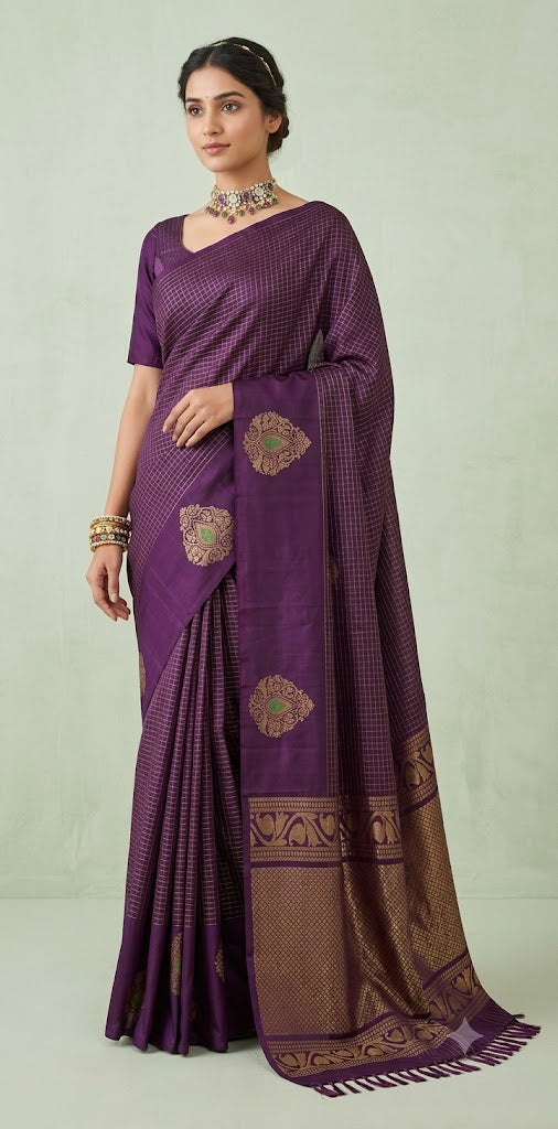 Purple pure Kanchivaram soft silk saree with stitched blouse
