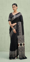 Modal silk saree with bead and mirror work , stitched blouse