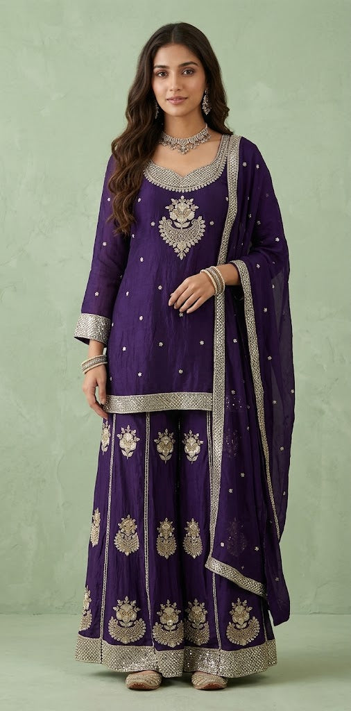 Purple chiffon silk short top with palazzo