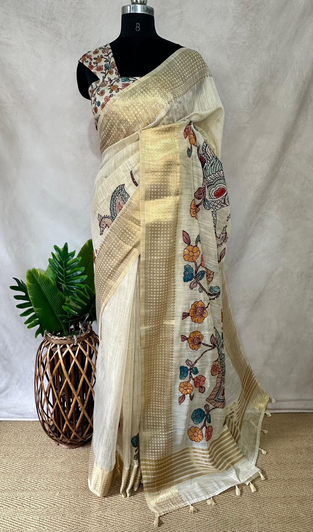 Soft linen tissue saree with kalamkari patch work and banarsi border, with BP