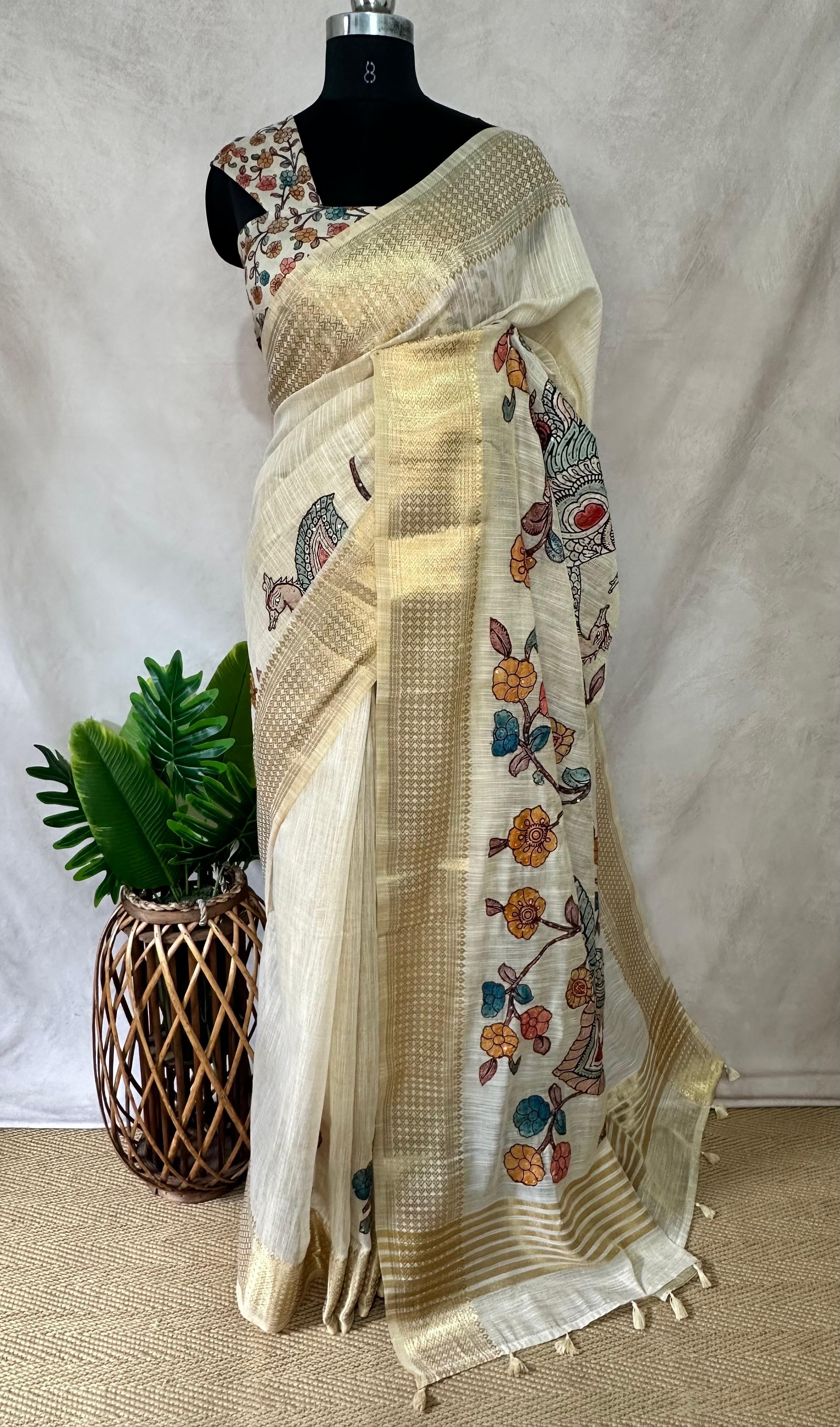 Soft linen tissue saree with kalamkari patch work and banarsi border, with BP