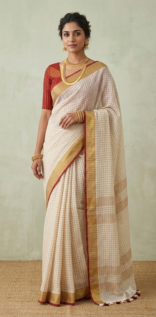Linen saree with small chck and Maroon border
