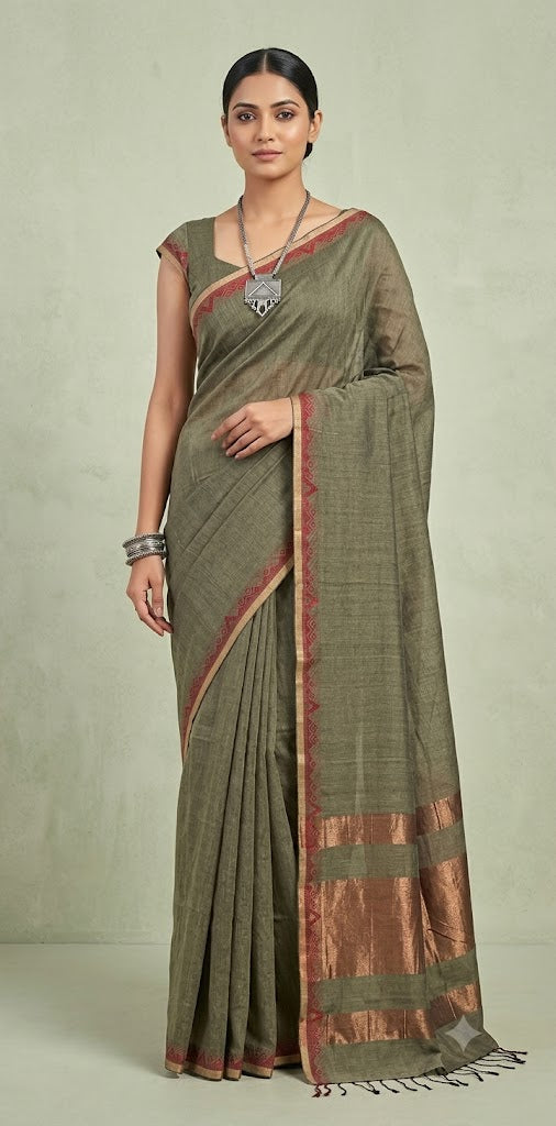 Cotton handloom saree with zari and red thread weave