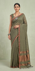 Cotton handloom saree with zari and red thread weave