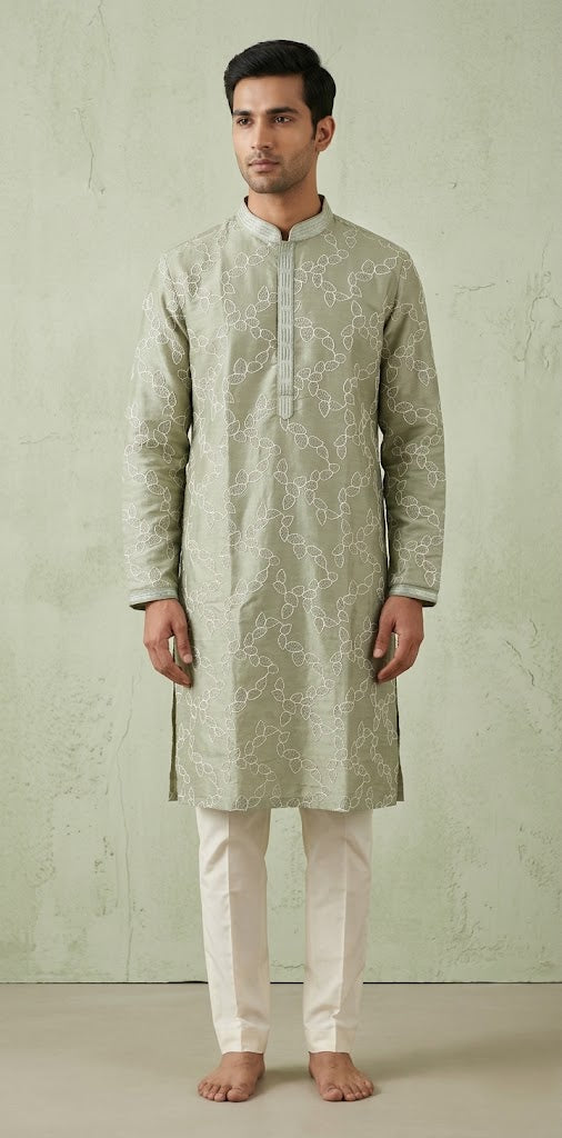 Light sage green kurta with self embroidery