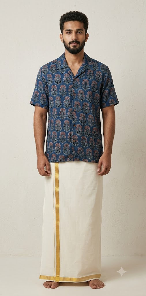 Ajrakh handblock printed Cuban colar shirts in pure modal silk