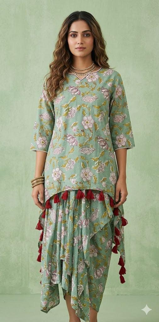 Drape skirt with kurti in pure cotton with hand block print