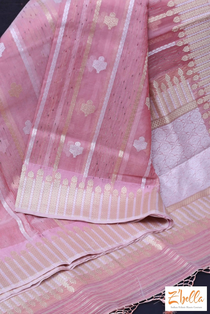 Flesh Pink Kora Silk Saree With Banarsi Weave Saree