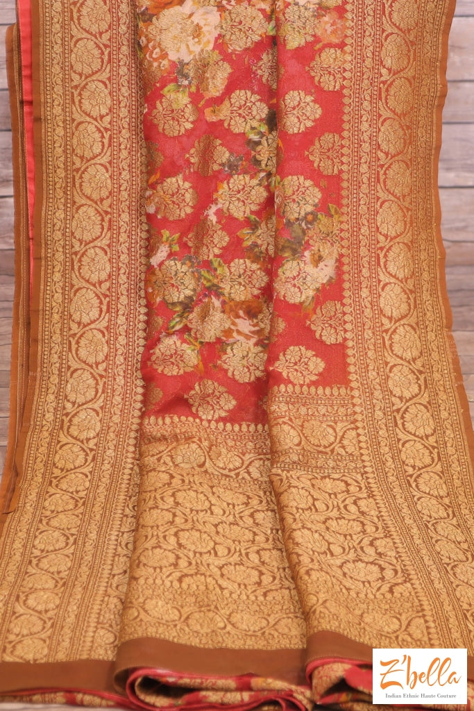 Floral Print Khadi Georgette Saree With Banarsi Border In Dusty Red Color - Stitched Blouse Saree