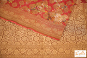 Floral Print Khadi Georgette Saree With Banarsi Border In Dusty Red Color - Stitched Blouse Saree